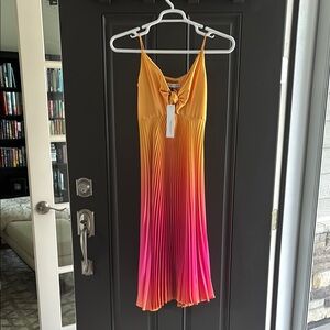 Anthropologie Orange and Pink Pleated Midi Dress